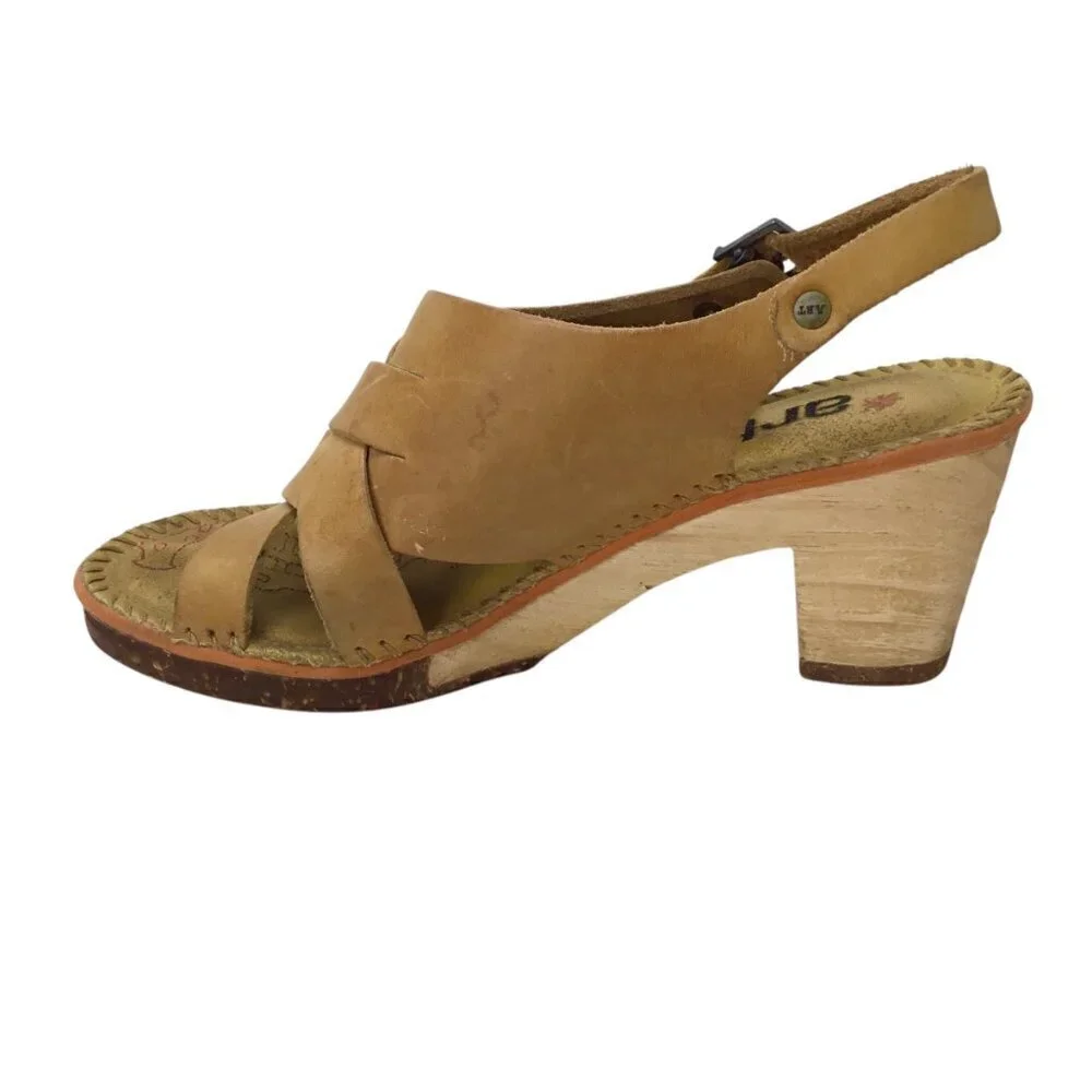 The Art Company Platform Sandals Golden Yellow Leather Wooden Heels Size 39 / 8